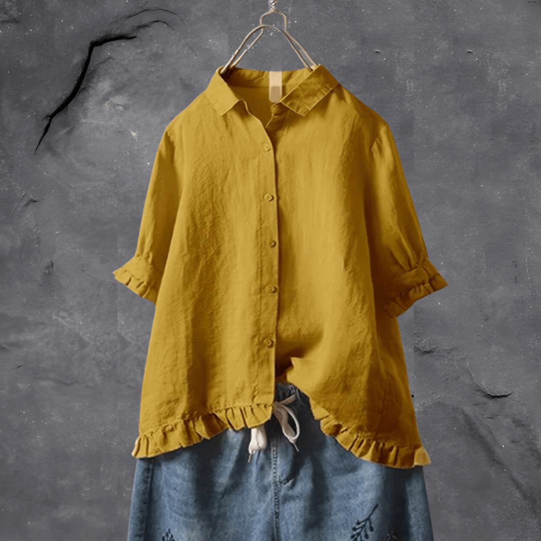 Elodie | Women's Linen Frill-Hem 3/4 Sleeve Relaxed Blouse