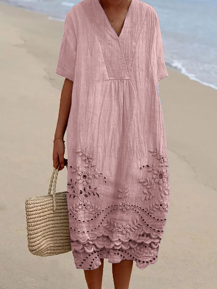 Elowen | Women's Cotton Short Sleeve V-Neck Midi Dress