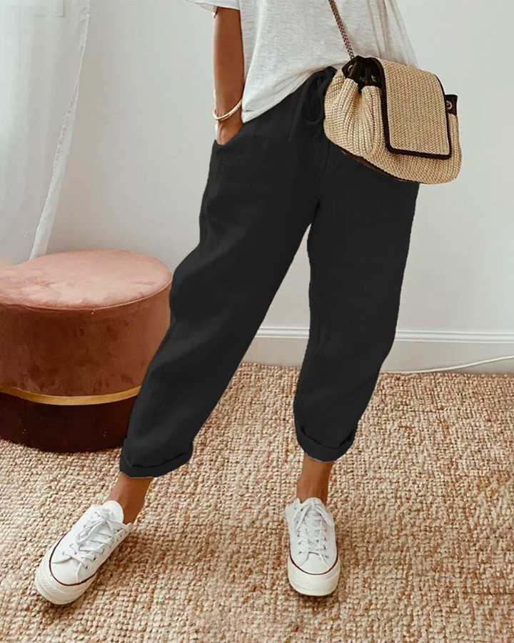 Elowen | Women's Linen High-Waist Tapered Barrel-Leg Trousers