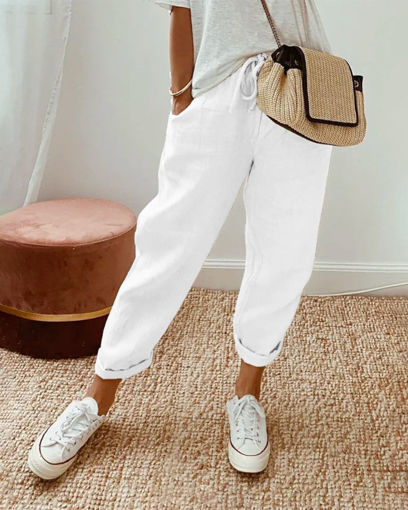 Elowen | Women's Linen High-Waist Tapered Barrel-Leg Trousers