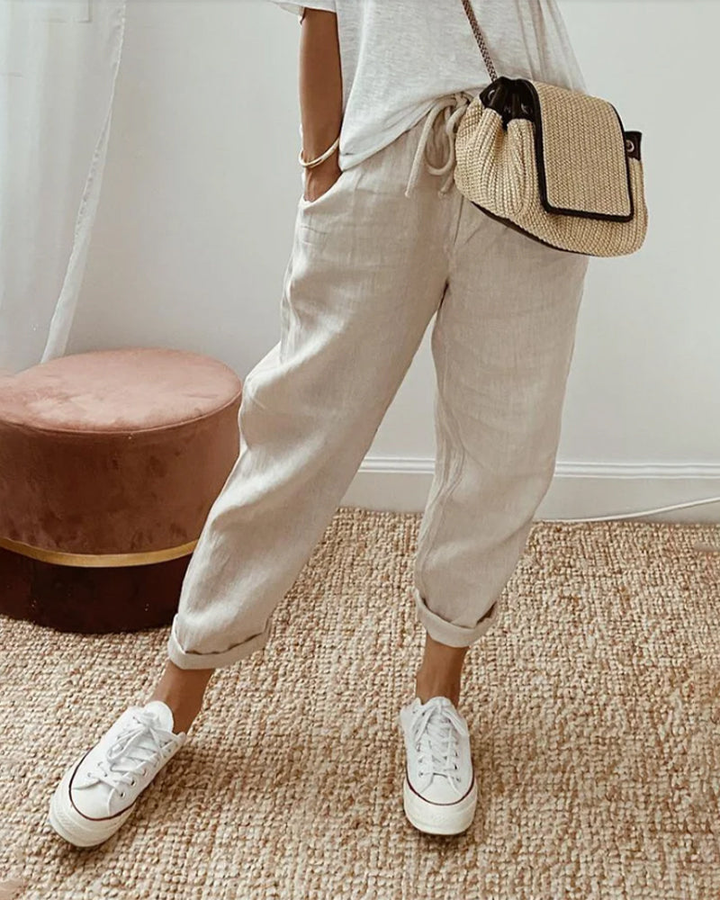 Elowen | Women's Linen High-Waist Tapered Barrel-Leg Trousers