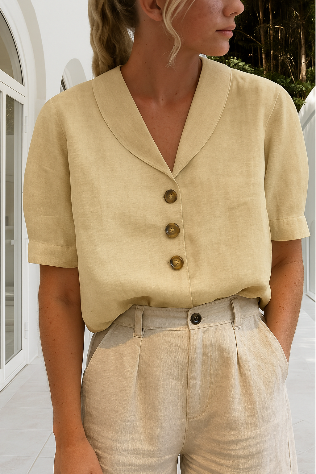 Elowen | Women's Linen Shawl Collar Button-Down Short Sleeve Blouse