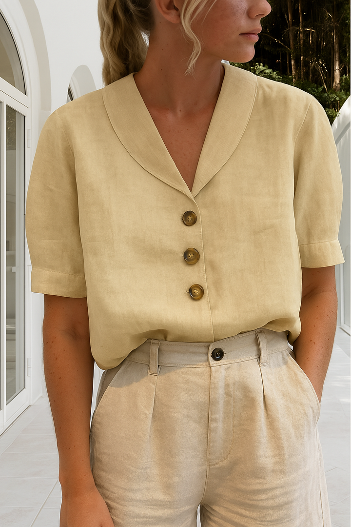 Elowen | Women's Linen Shawl Collar Button-Down Short Sleeve Blouse