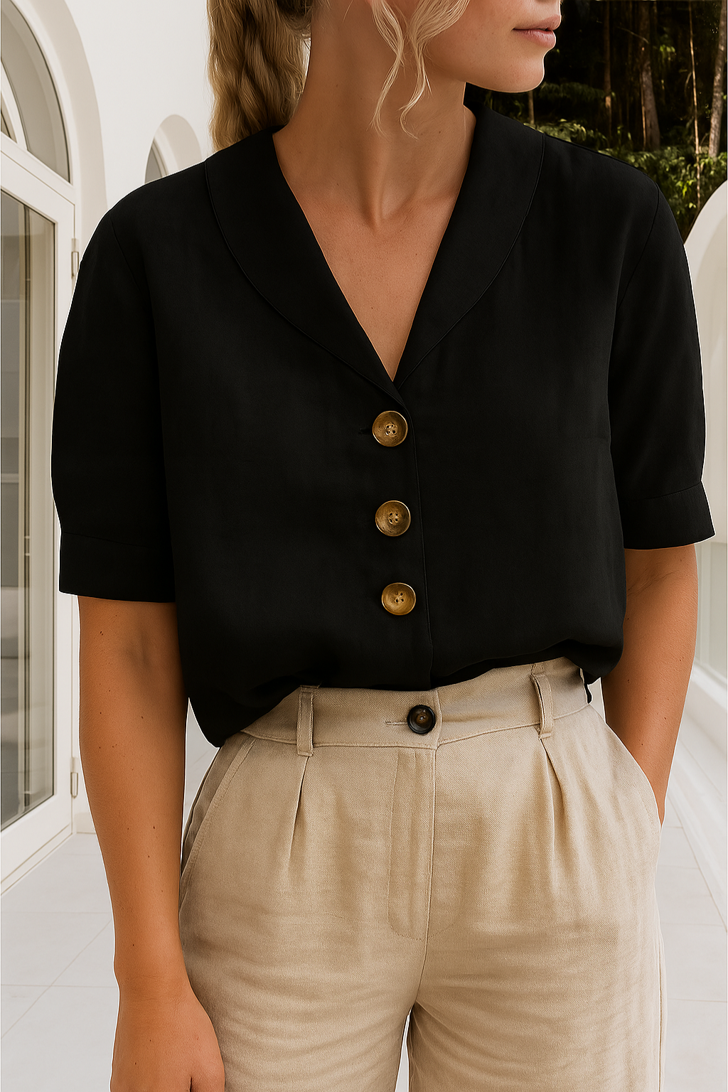 Elowen | Women's Linen Shawl Collar Button-Down Short Sleeve Blouse