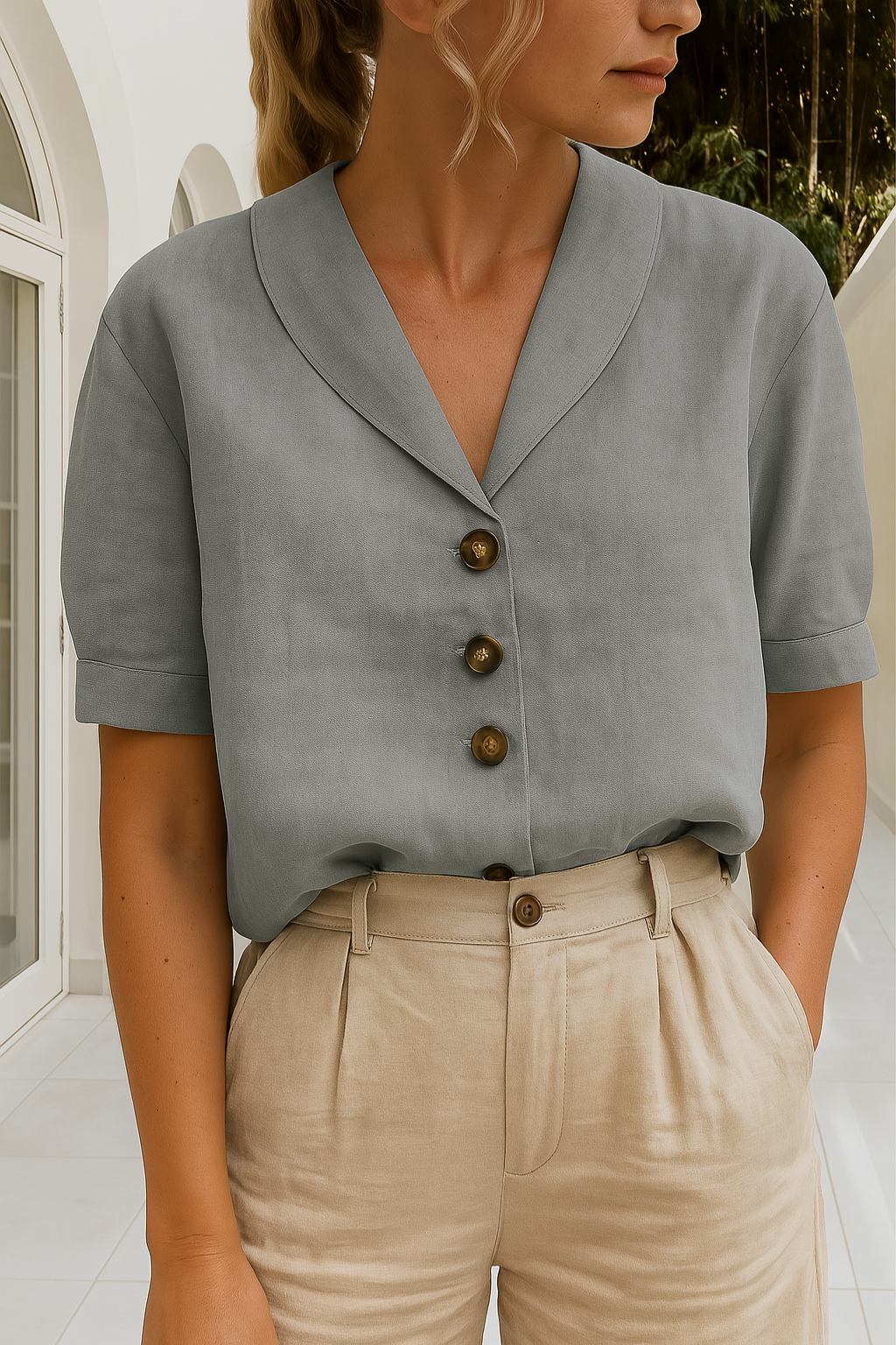 Elowen | Women's Linen Shawl Collar Button-Down Short Sleeve Blouse