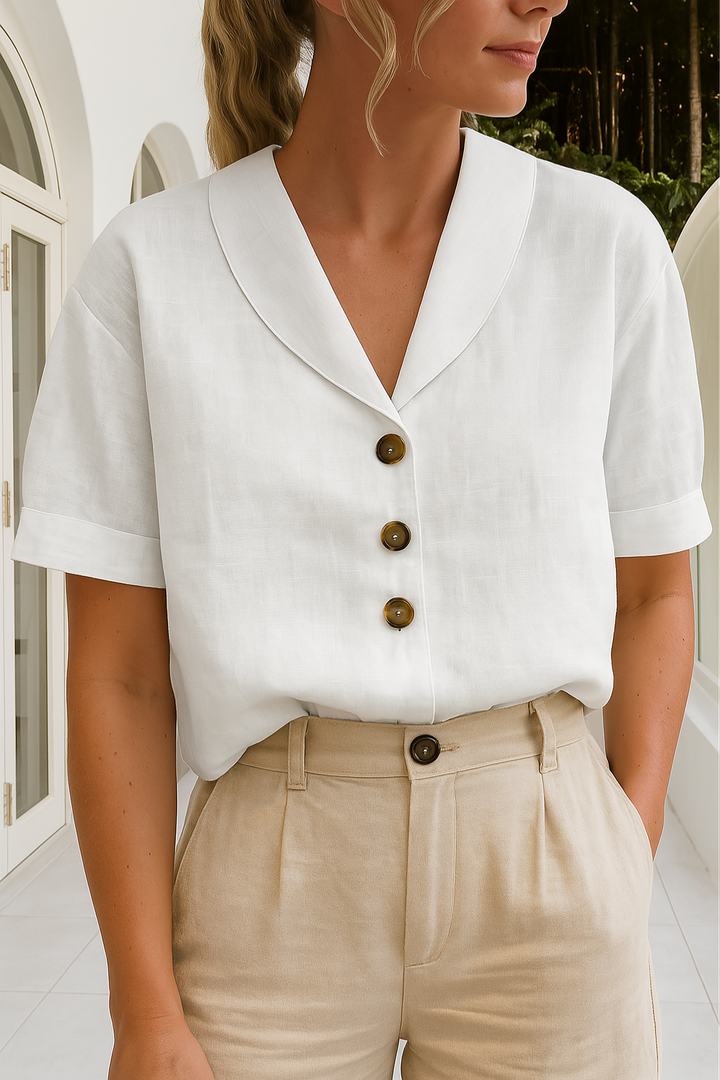 Elowen | Women's Linen Shawl Collar Button-Down Short Sleeve Blouse