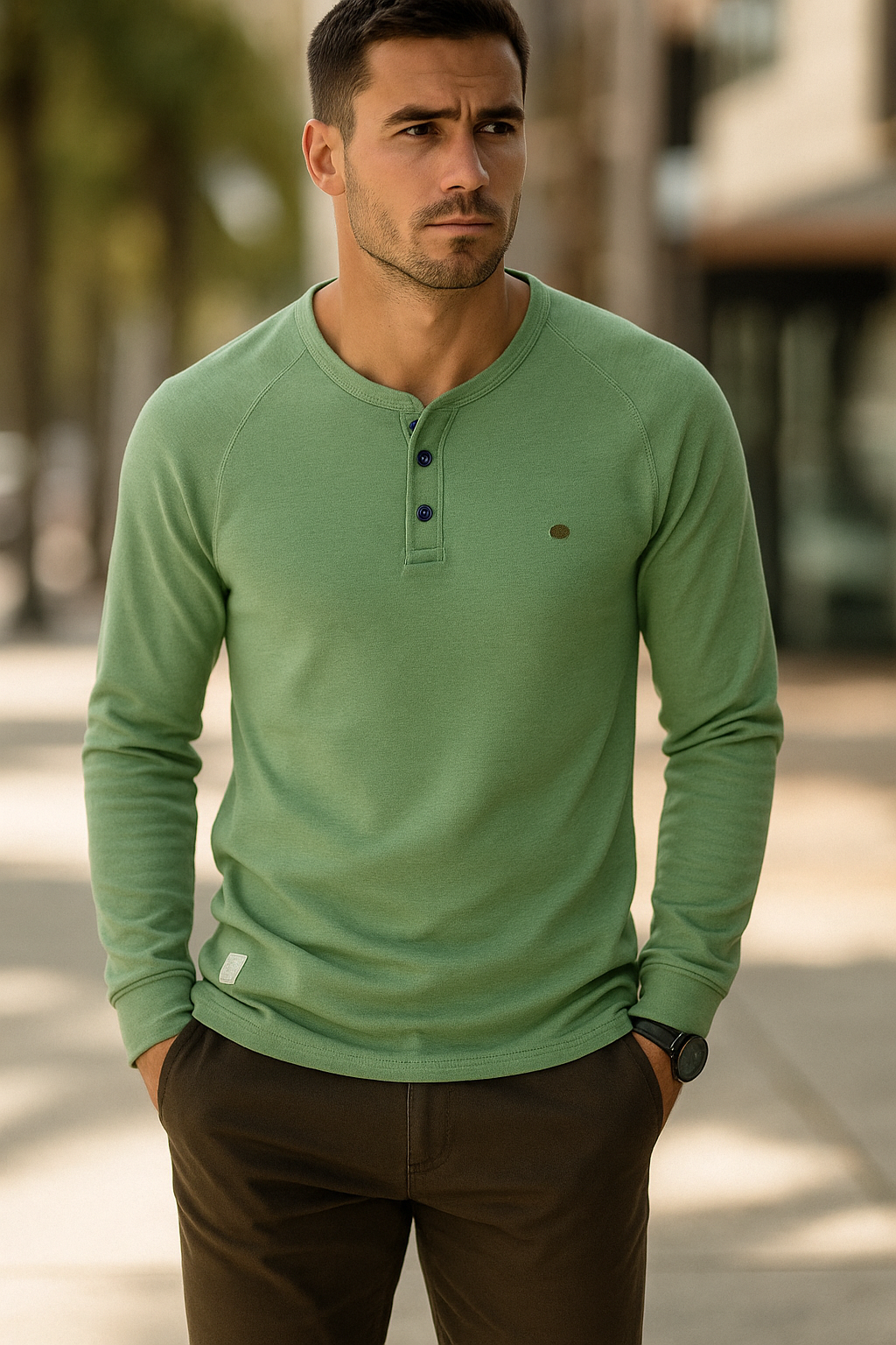 Ethan – Henley Long Sleeve Shirt with Raglan Sleeves and Button Placket