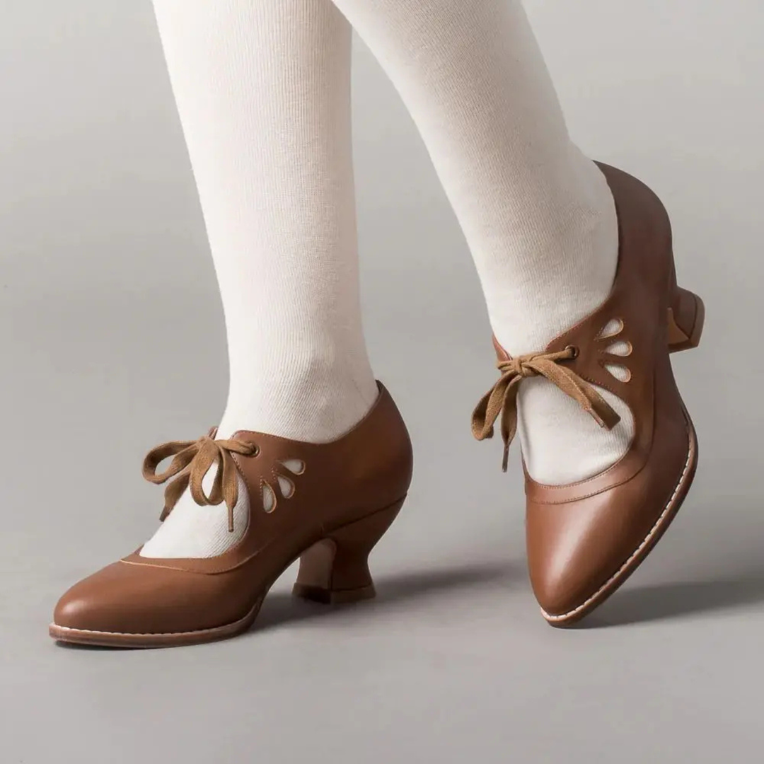 Evangeline | Women's Leather Vintage Lace-Up Block Heel Pumps