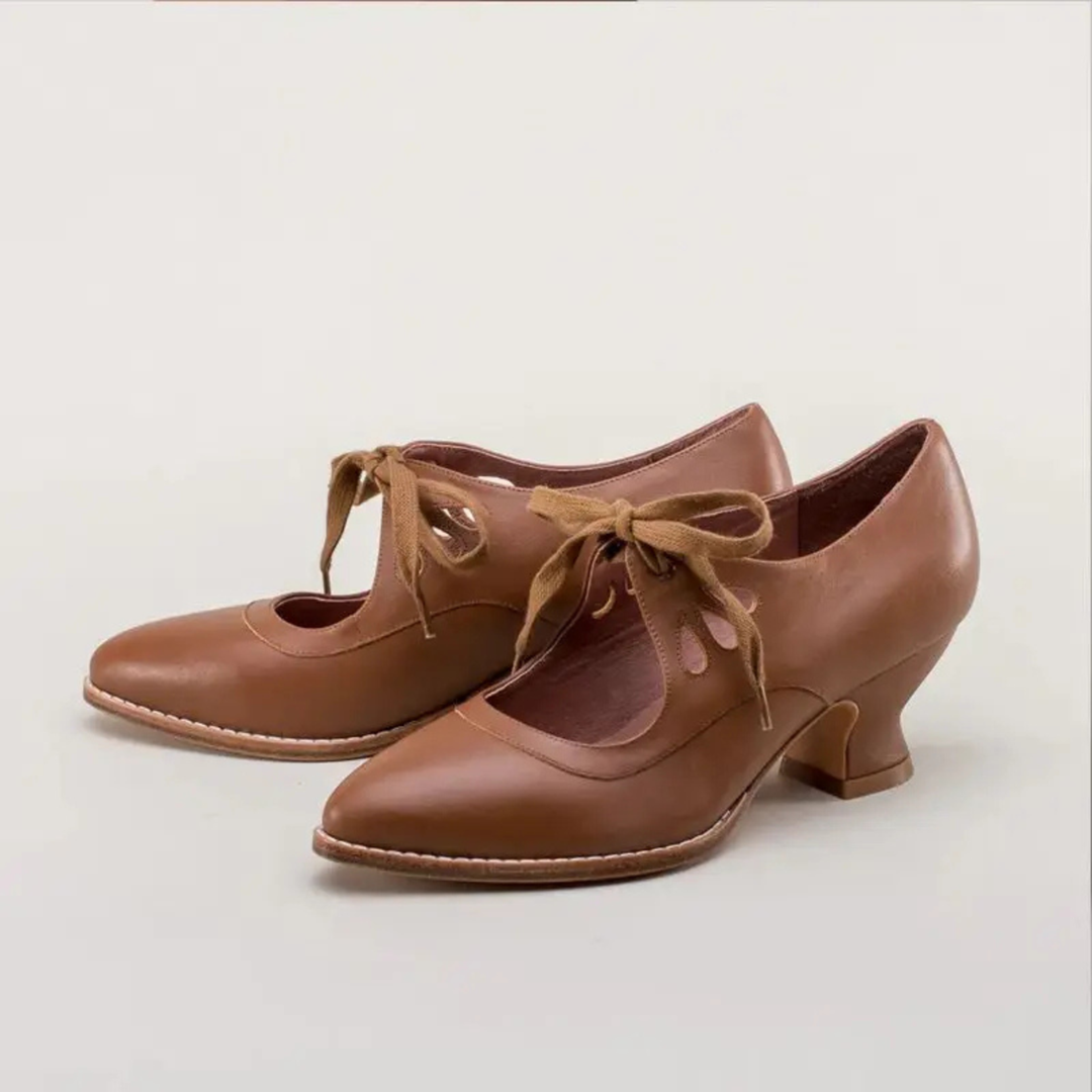 Evangeline | Women's Leather Vintage Lace-Up Block Heel Pumps