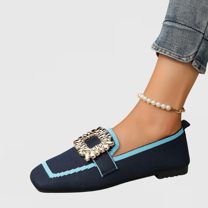 Ferne | Women's Breathable Knit Jewel Buckle Square Toe Flat Loafers