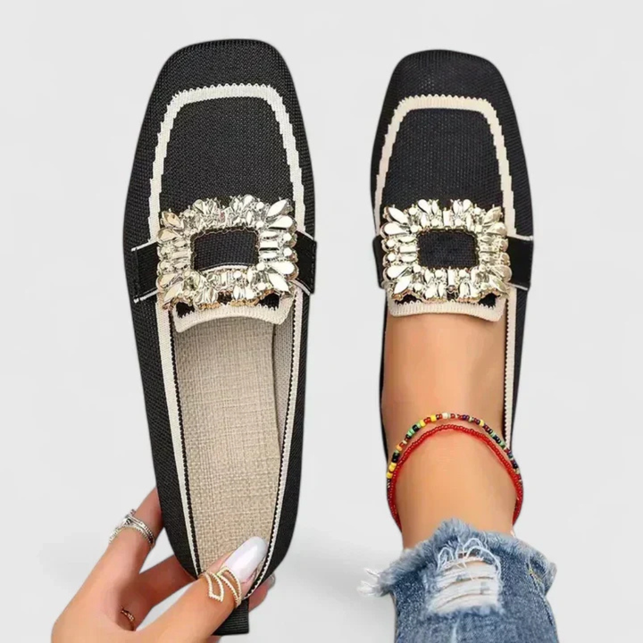 Ferne | Women's Breathable Knit Jewel Buckle Square Toe Flat Loafers