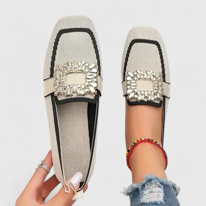 Ferne | Women's Breathable Knit Jewel Buckle Square Toe Flat Loafers