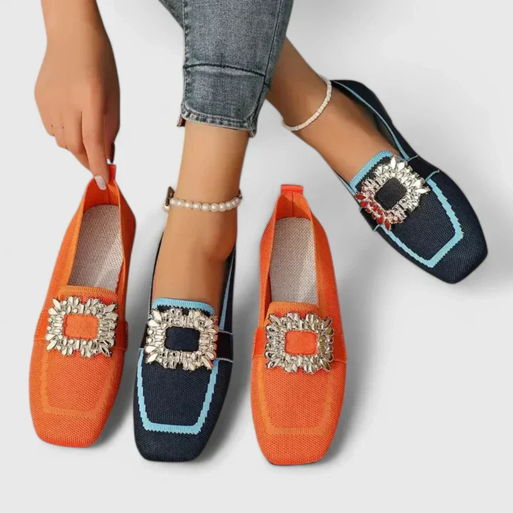 Ferne | Women's Breathable Knit Jewel Buckle Square Toe Flat Loafers