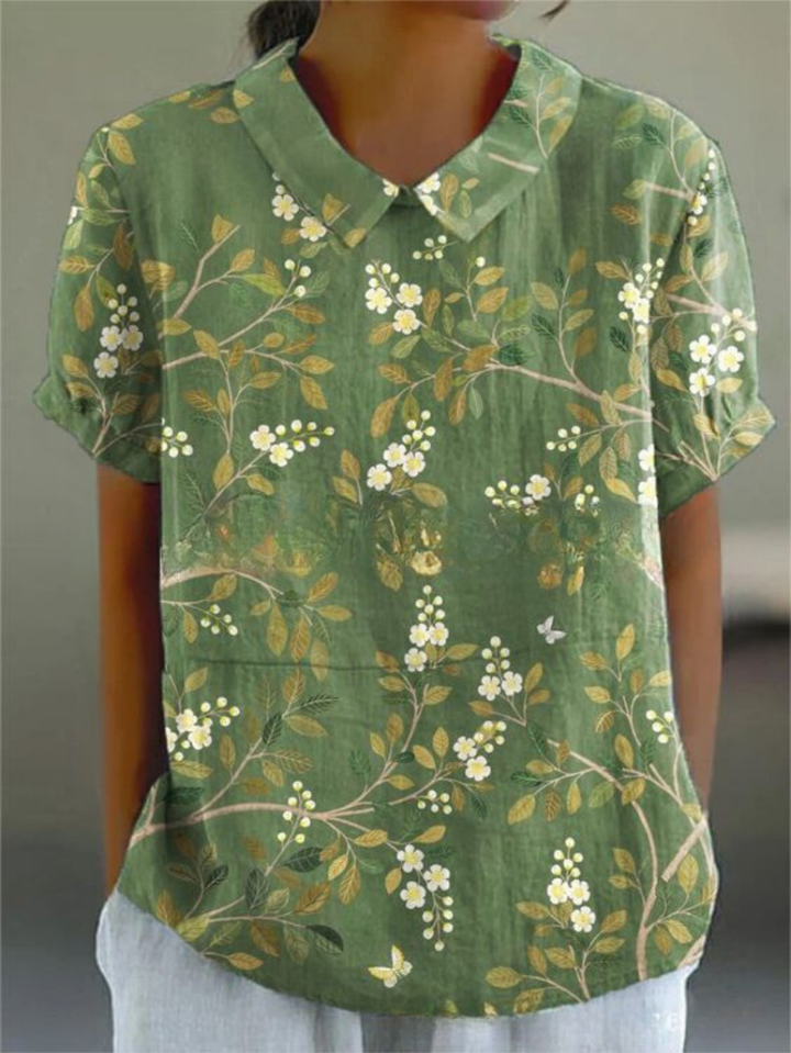 Ferne | Women's Linen Print Collared Short Sleeve Top
