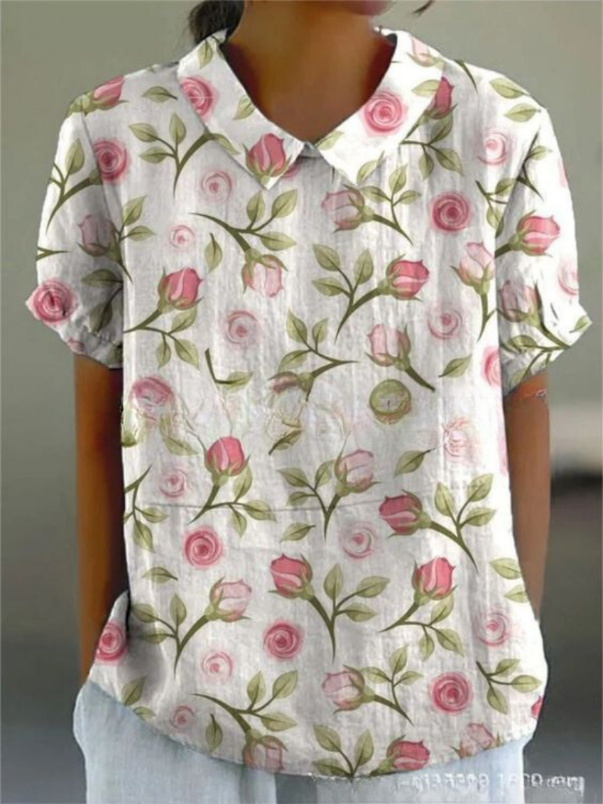 Ferne | Women's Linen Print Collared Short Sleeve Top