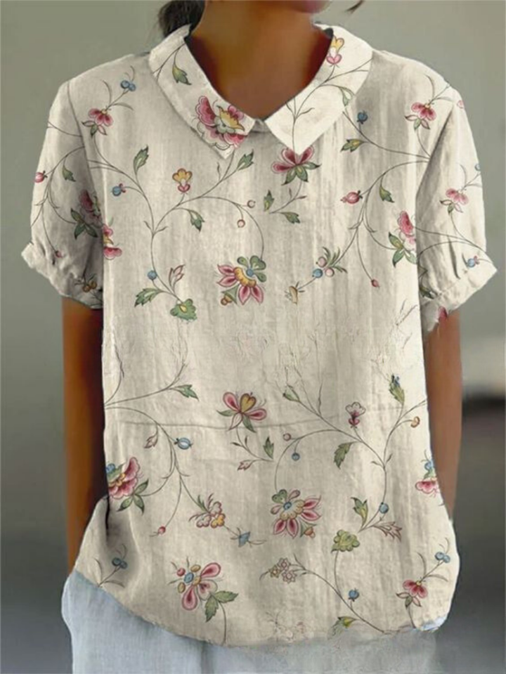 Ferne | Women's Linen Print Collared Short Sleeve Top