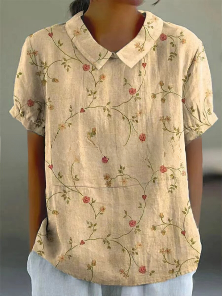 Ferne | Women's Linen Print Collared Short Sleeve Top