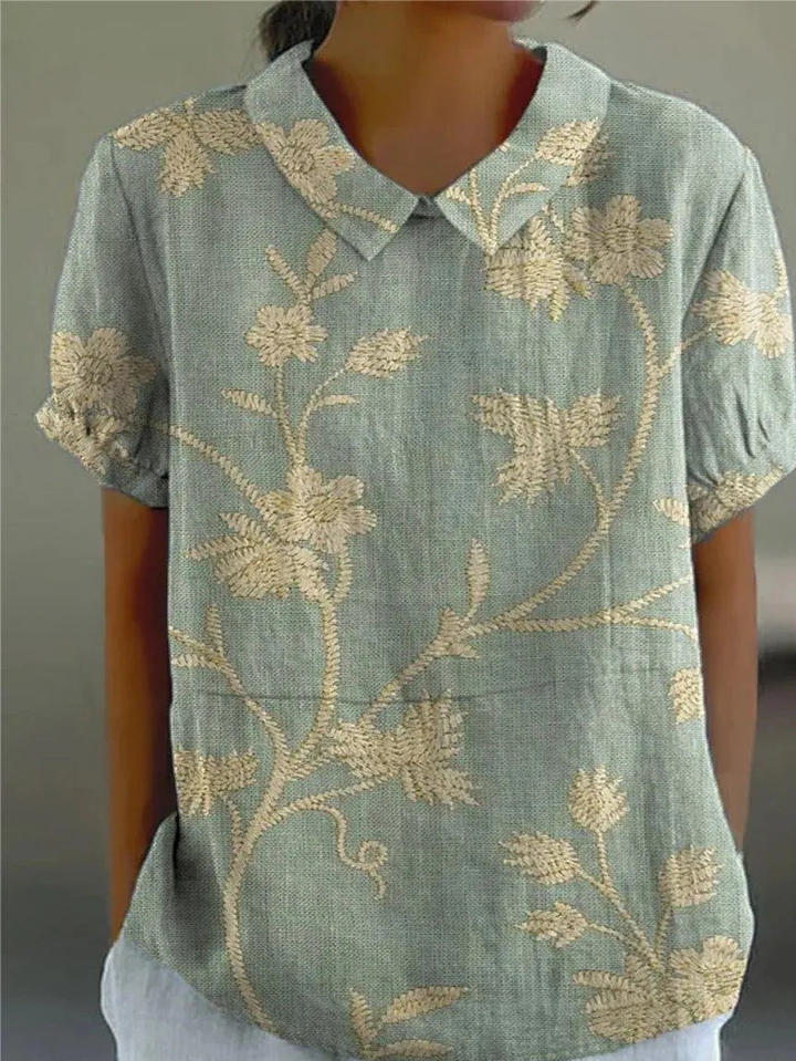 Ferne | Women's Linen Print Collared Short Sleeve Top