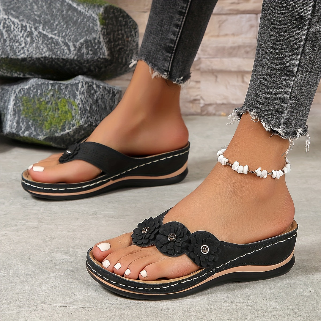 Fleur | Women's Orthopaedic Floral Toe-Post Wedge Flip-Flop Sandals