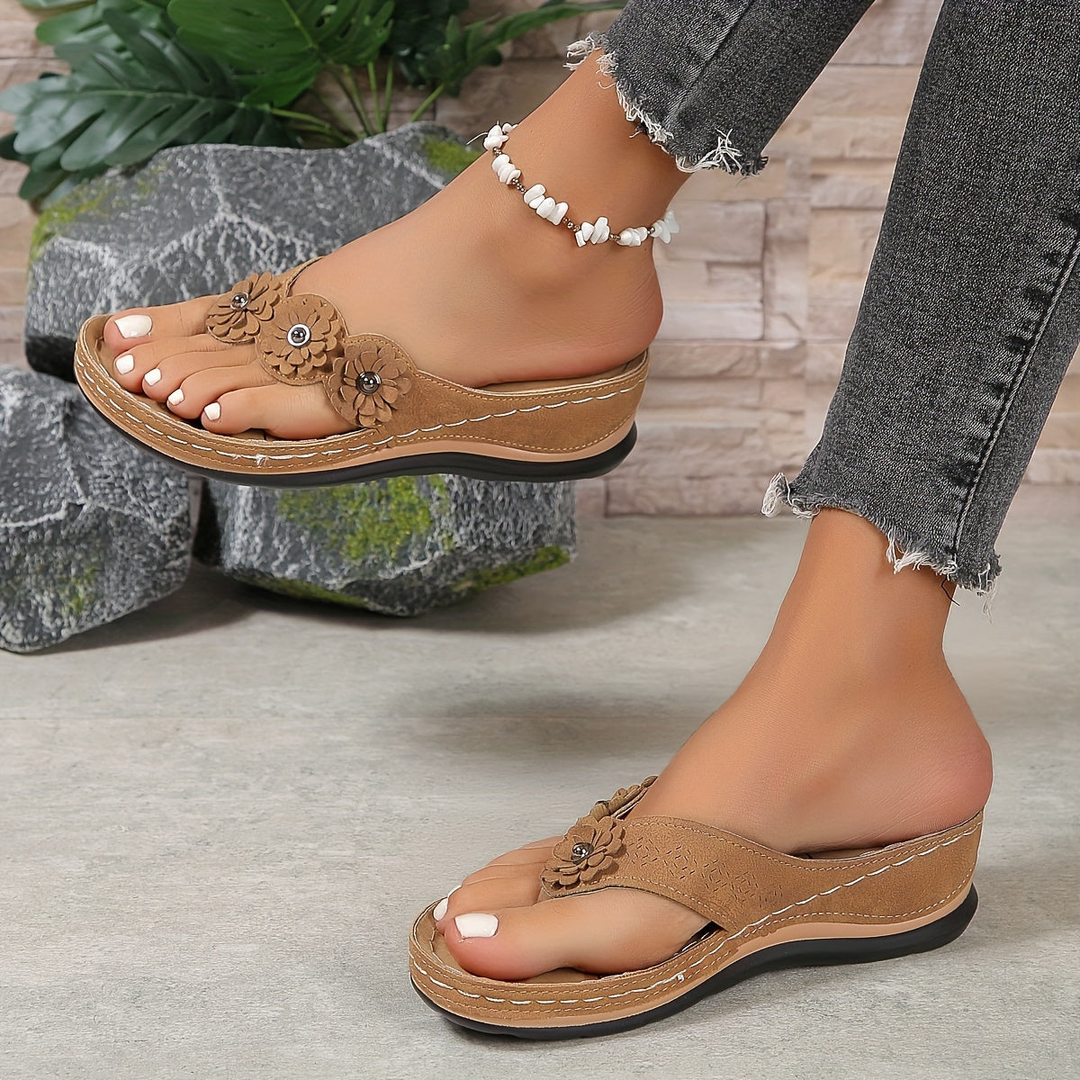 Fleur | Women's Orthopaedic Floral Toe-Post Wedge Flip-Flop Sandals