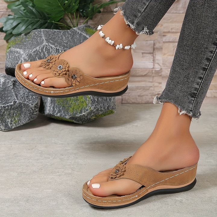 Fleur | Women's Orthopaedic Floral Toe-Post Wedge Flip-Flop Sandals