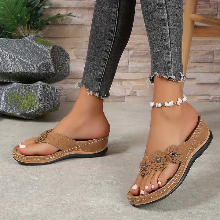Fleur | Women's Orthopaedic Floral Toe-Post Wedge Flip-Flop Sandals