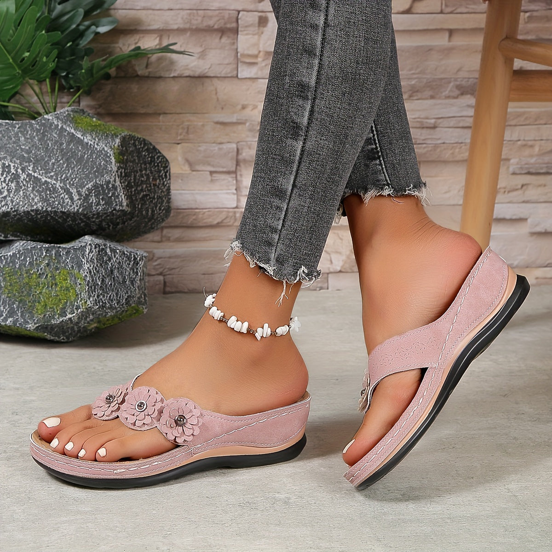 Fleur | Women's Orthopaedic Floral Toe-Post Wedge Flip-Flop Sandals