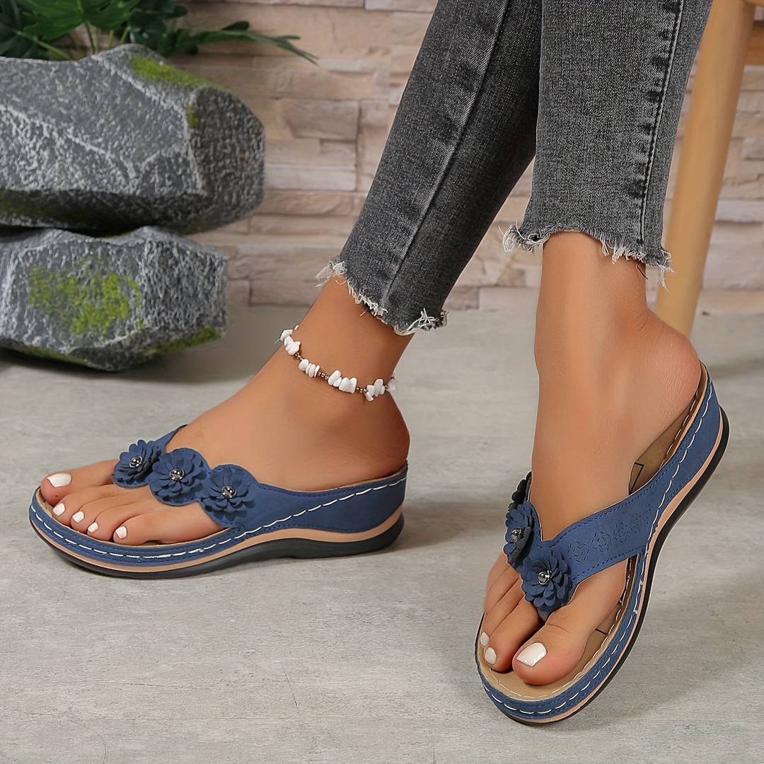 Fleur | Women's Orthopaedic Floral Toe-Post Wedge Flip-Flop Sandals