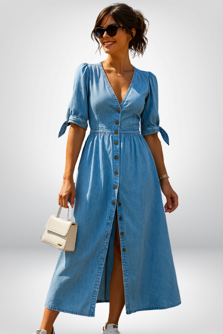 Florentine | Women's Denim V-Neck Button-Front Midi Shirt Dress