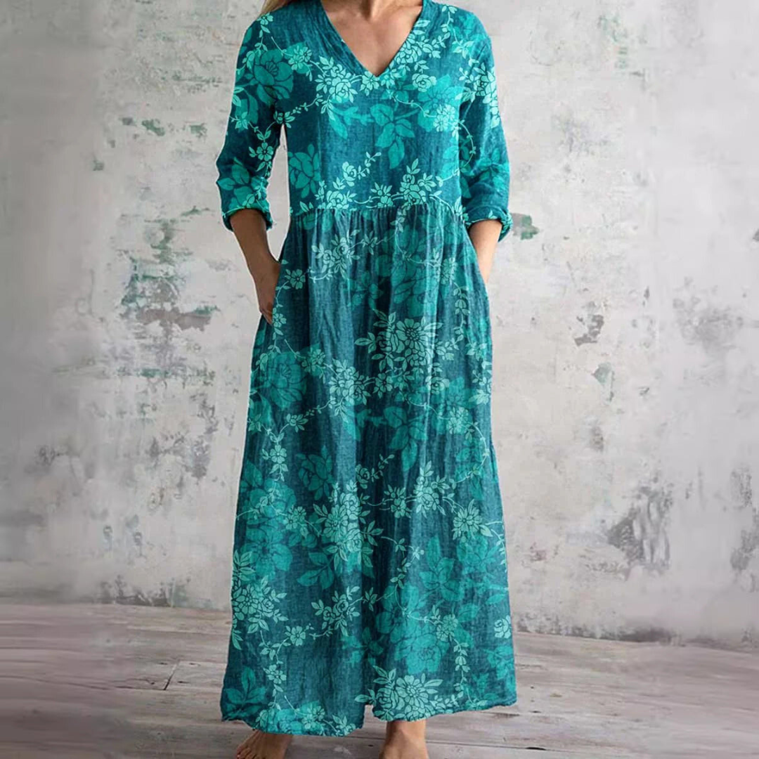 Florrie | Women's Cotton Floral Print Relaxed V-Neck Maxi Dress