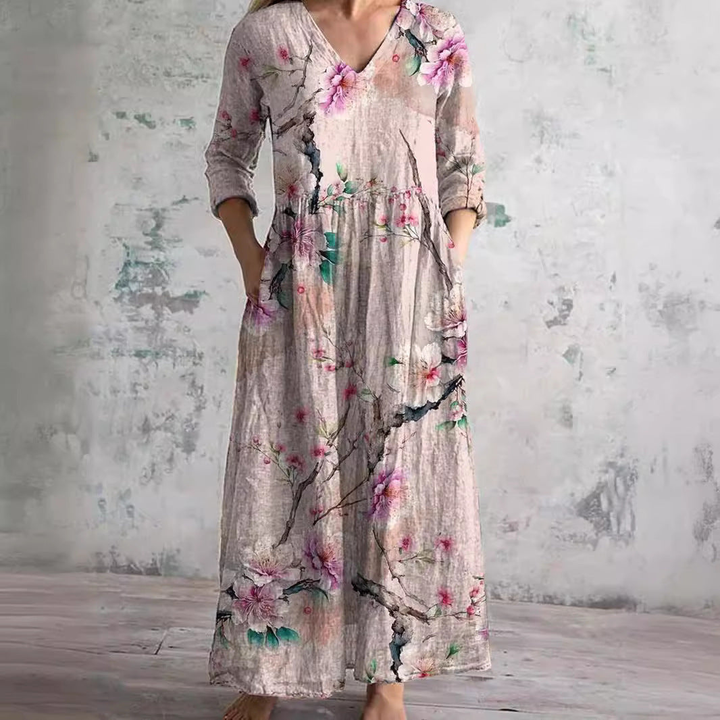 Florrie | Women's Cotton Floral Print Relaxed V-Neck Maxi Dress