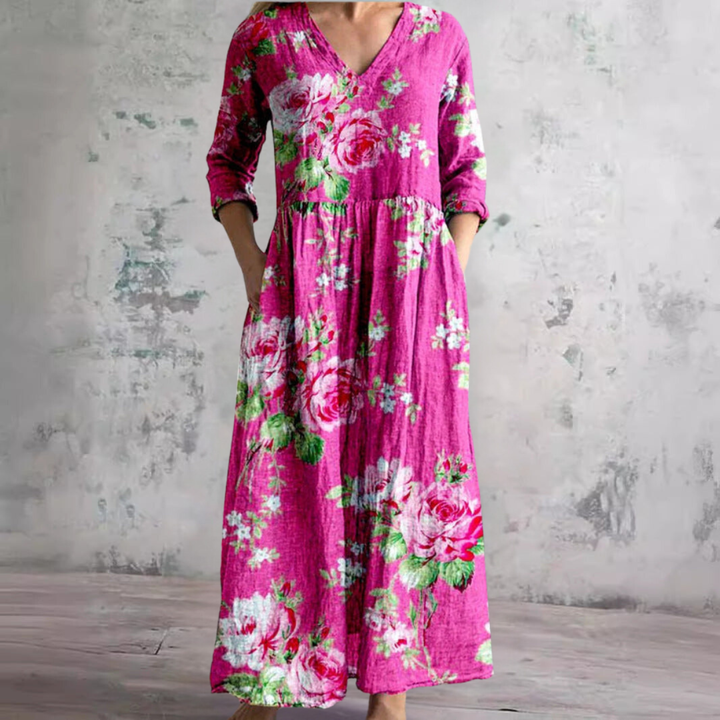 Florrie | Women's Cotton Floral Print Relaxed V-Neck Maxi Dress