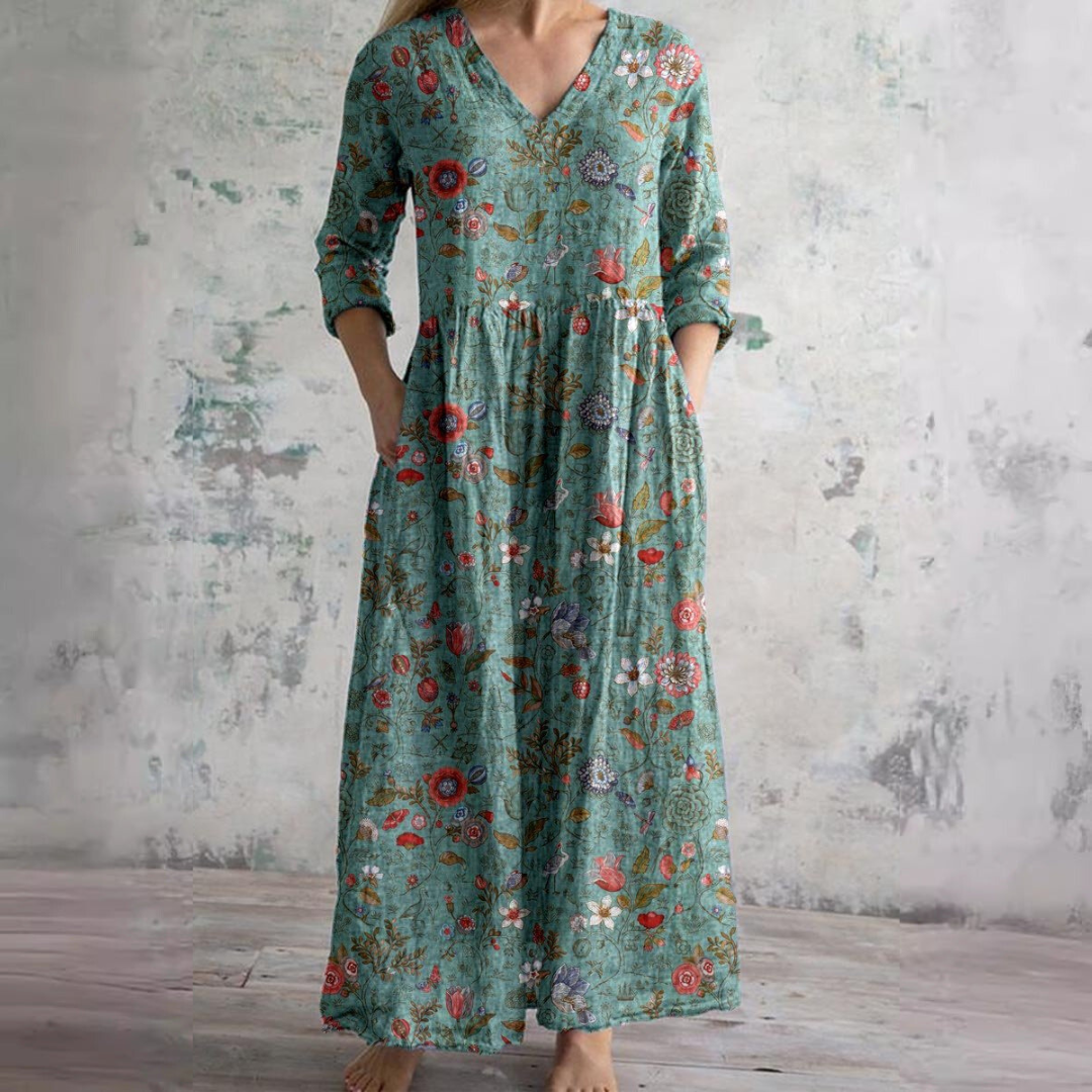 Florrie | Women's Cotton Floral Print Relaxed V-Neck Maxi Dress