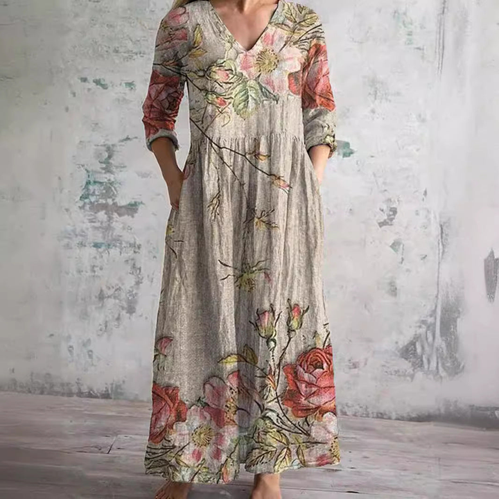 Florrie | Women's Cotton Floral Print Relaxed V-Neck Maxi Dress