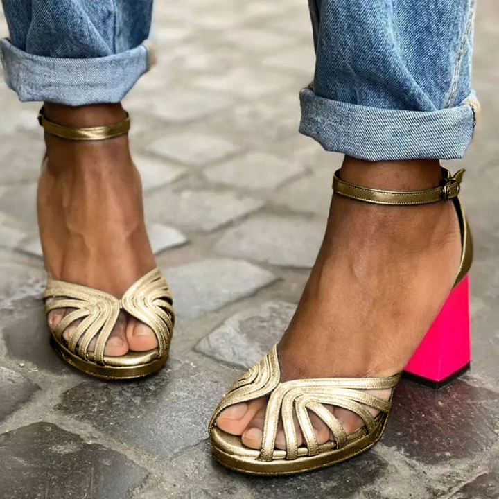 Golda | Women's Gold Leather Metallic Strappy Ankle-Strap Block Heel Sandals