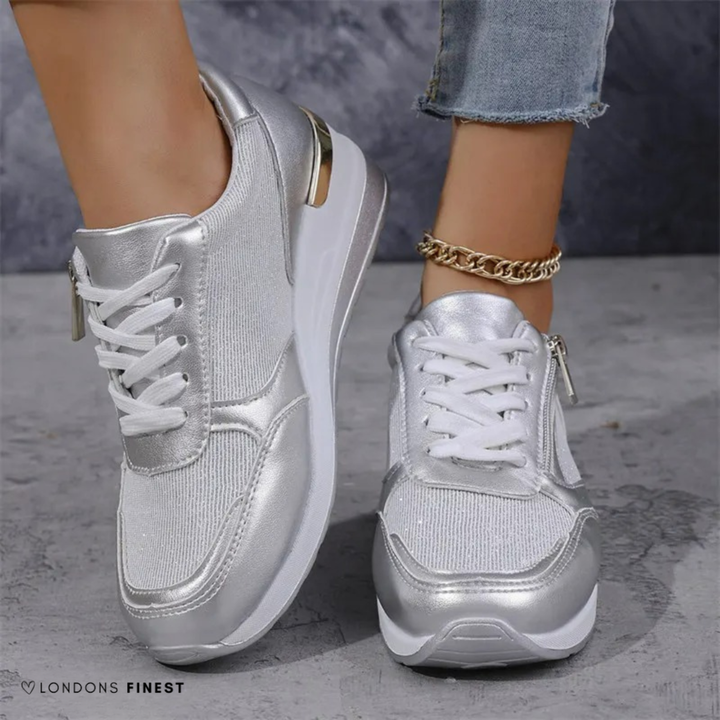 Goldie | Women's Leather Metallic Zip-Detail Wedge Sneakers