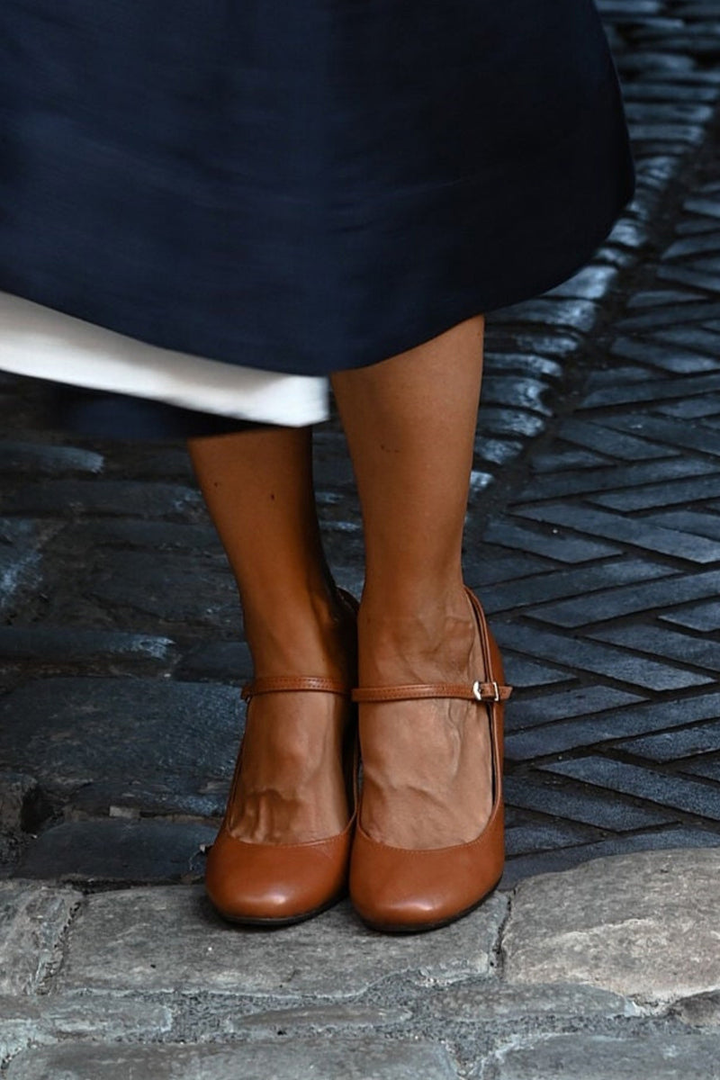 Harlow | Women's Brown Leather Mary Jane Block Heel Pumps