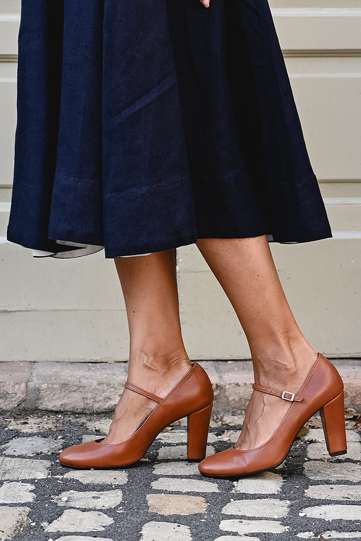 Harlow | Women's Brown Leather Mary Jane Block Heel Pumps