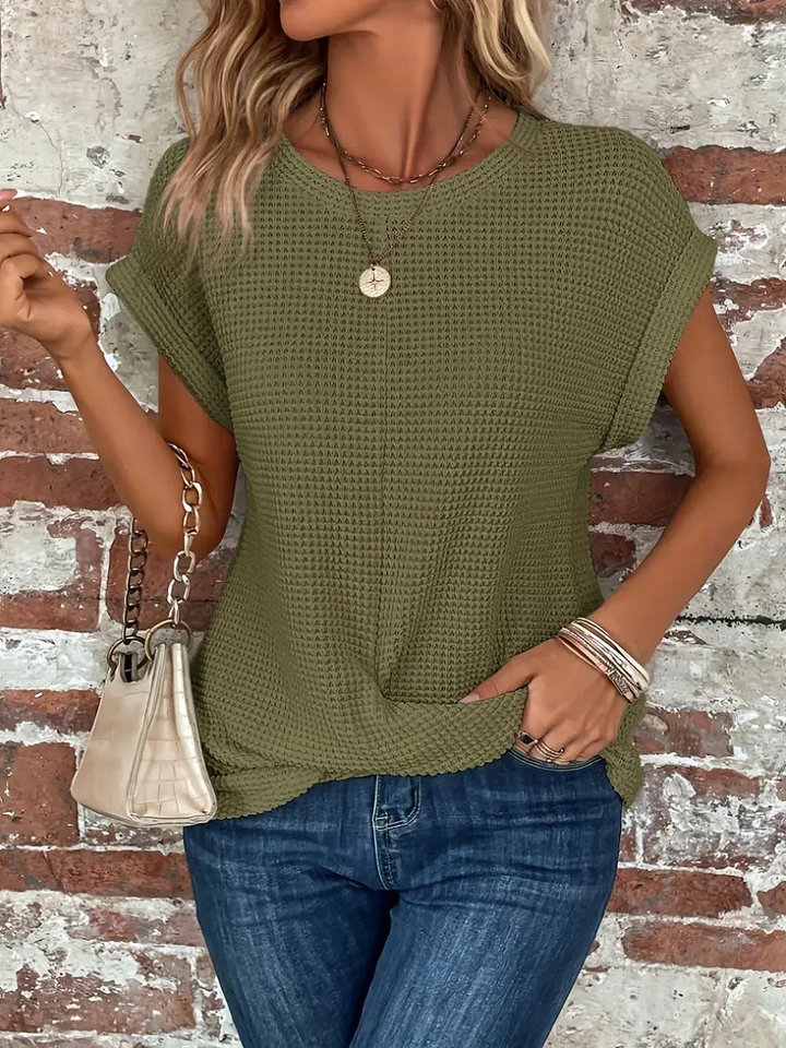 Harlow | Women's Cotton-Blend Waffle Knit Twist-Hem Short Sleeve Top