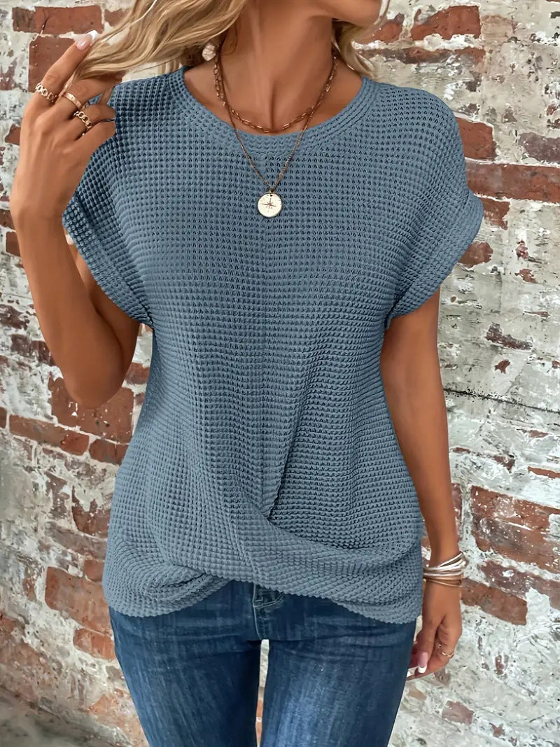 Harlow | Women's Cotton-Blend Waffle Knit Twist-Hem Short Sleeve Top