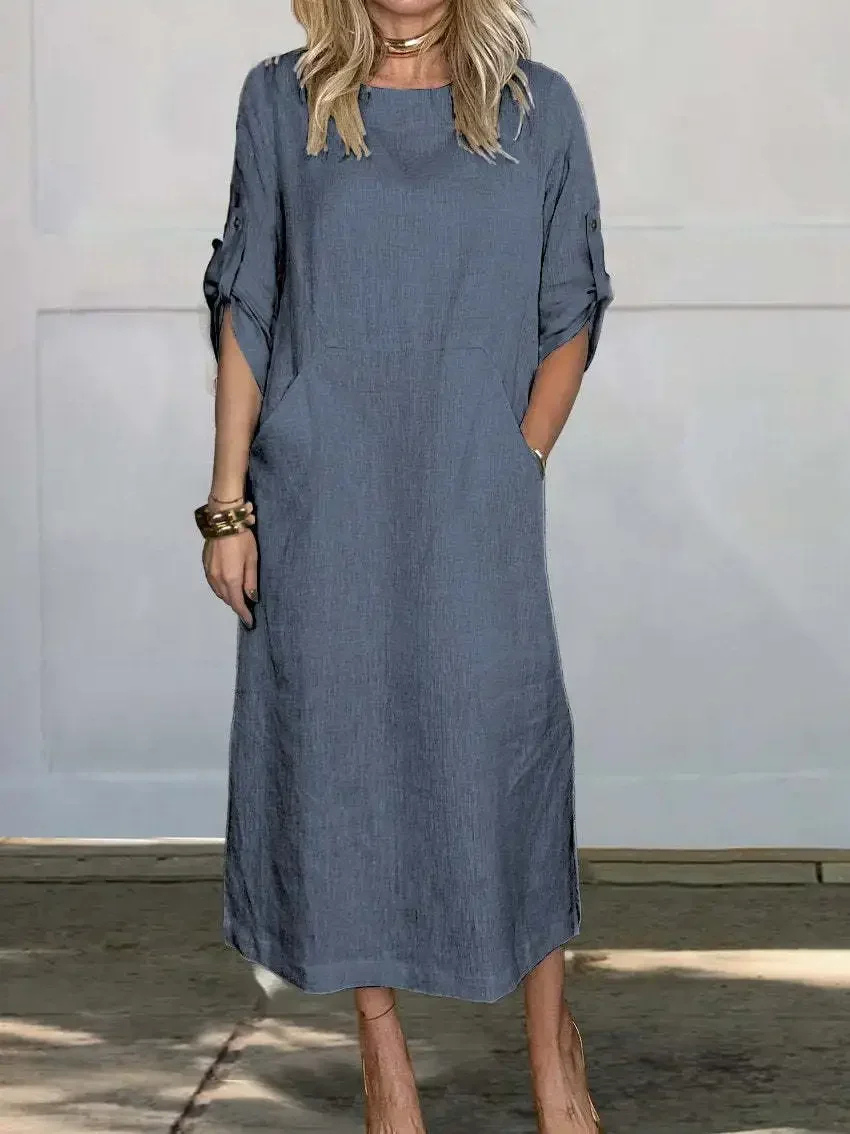 Harlowe | Women's Linen Roll-Sleeve Pocket Midi Dress