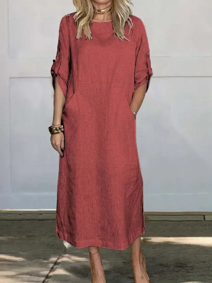 Harlowe | Women's Linen Roll-Sleeve Pocket Midi Dress