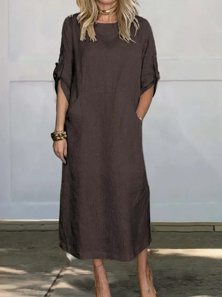 Harlowe | Women's Linen Roll-Sleeve Pocket Midi Dress