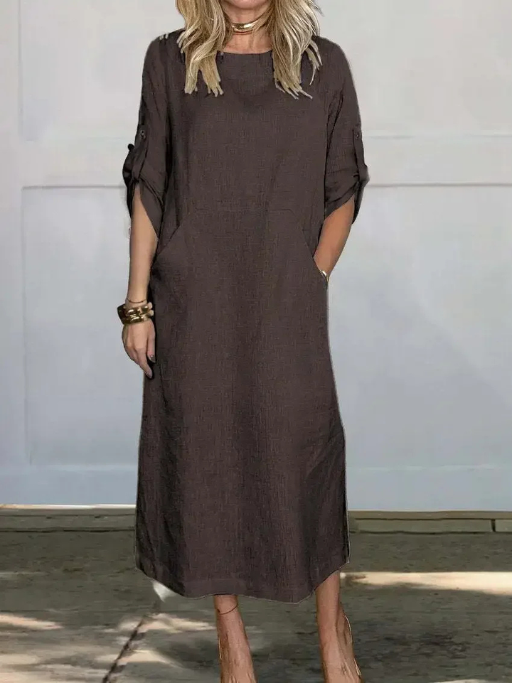 Harlowe | Women's Linen Roll-Sleeve Pocket Midi Dress