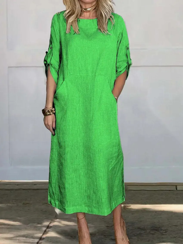Harlowe | Women's Linen Roll-Sleeve Pocket Midi Dress