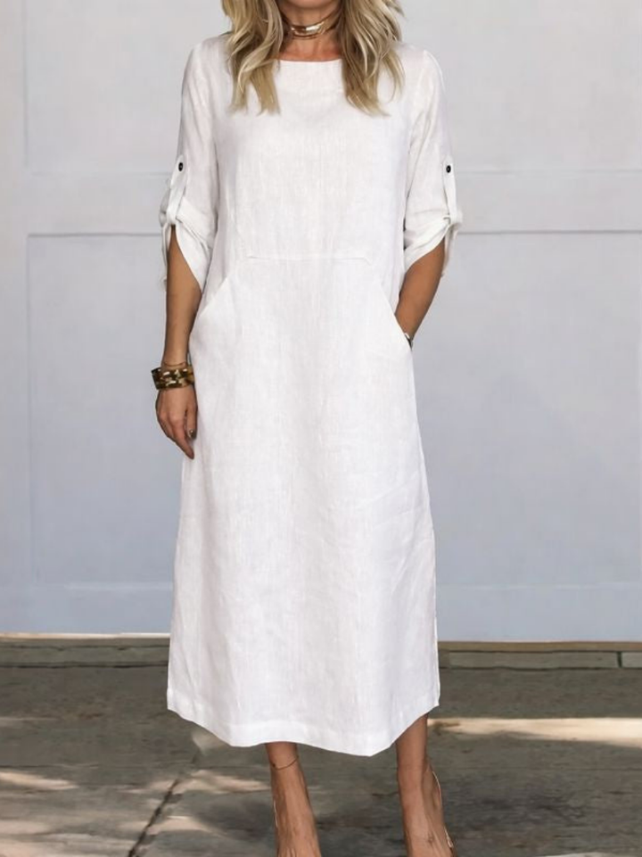 Harlowe | Women's Linen Roll-Sleeve Pocket Midi Dress