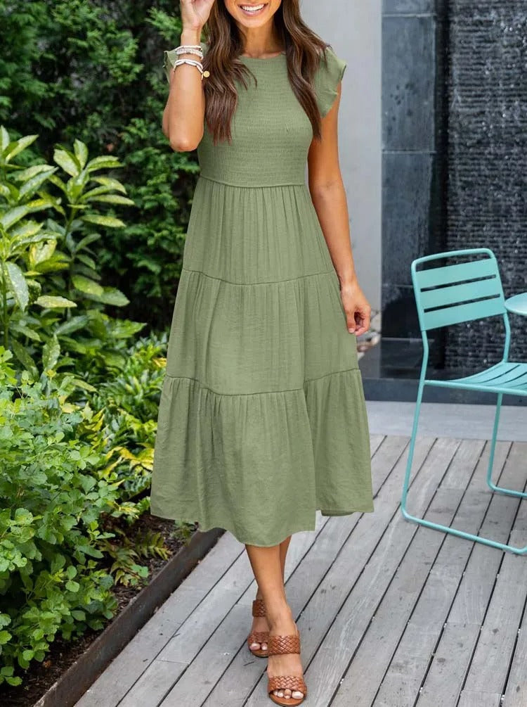 Imara | Women's Cotton Ruffle-Sleeve Smocked Tiered Midi Dress
