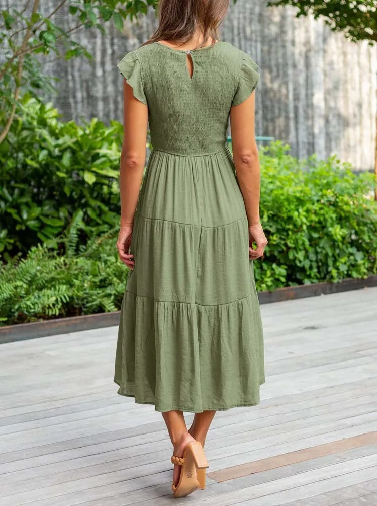Imara | Women's Cotton Ruffle-Sleeve Smocked Tiered Midi Dress