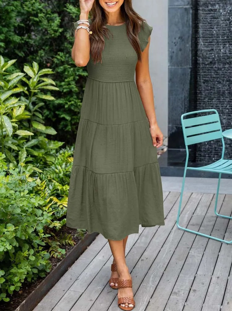 Imara | Women's Cotton Ruffle-Sleeve Smocked Tiered Midi Dress