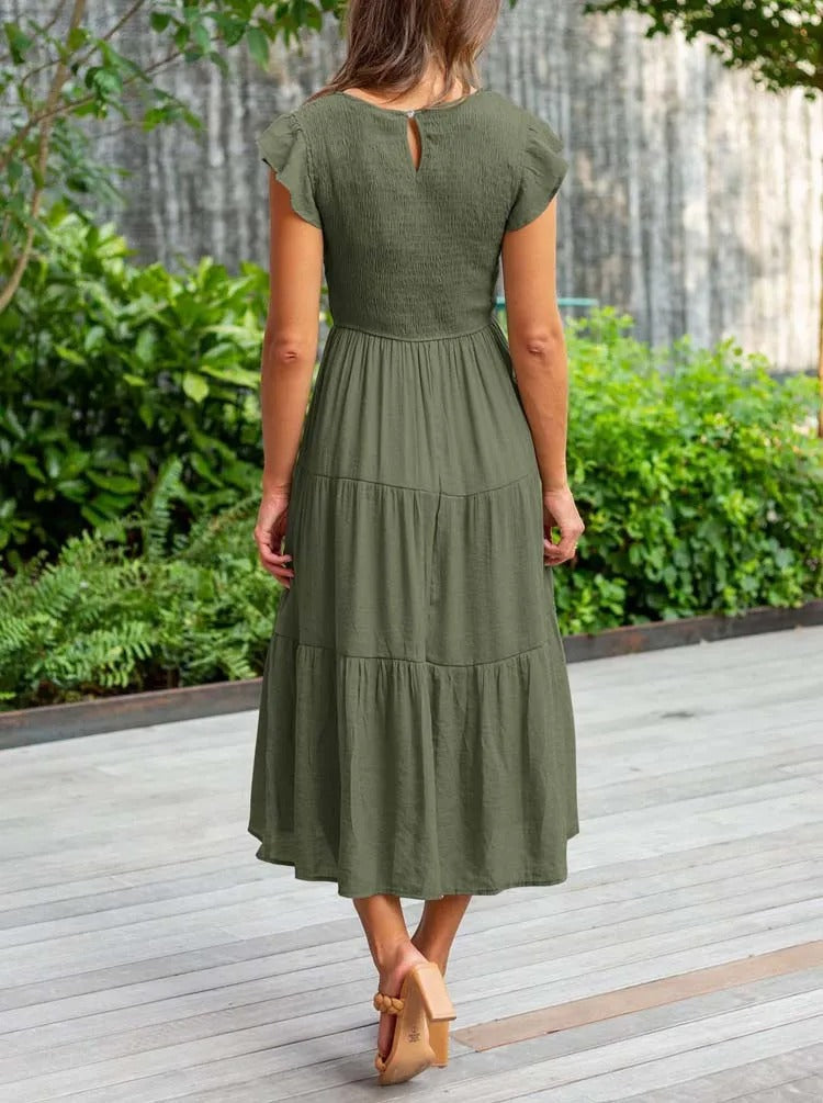 Imara | Women's Cotton Ruffle-Sleeve Smocked Tiered Midi Dress